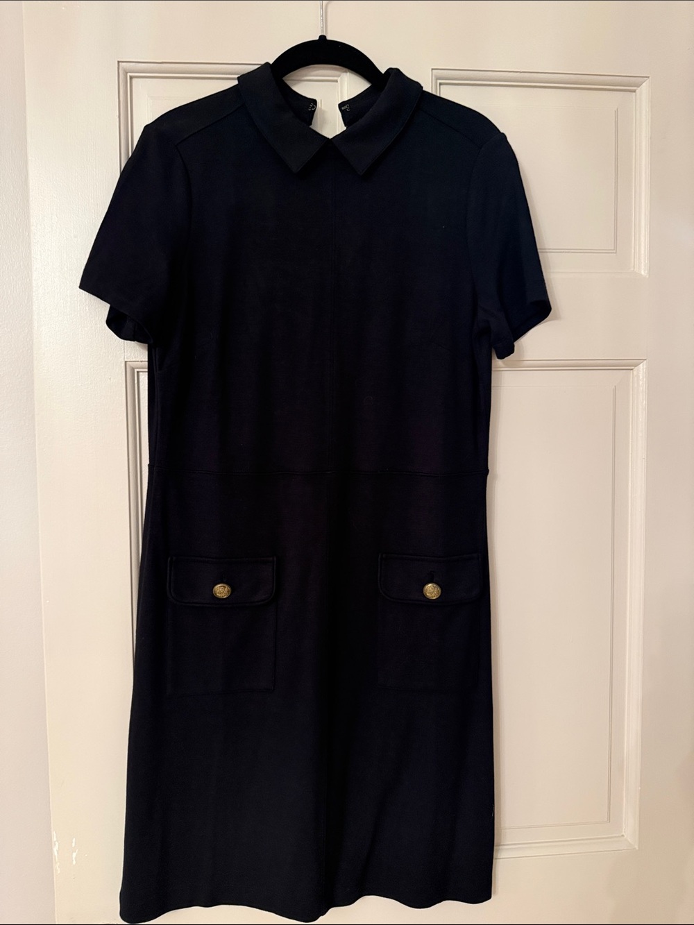 LOFT Black Short-Sleeve Shirt-Collar Dress with Front Pockets